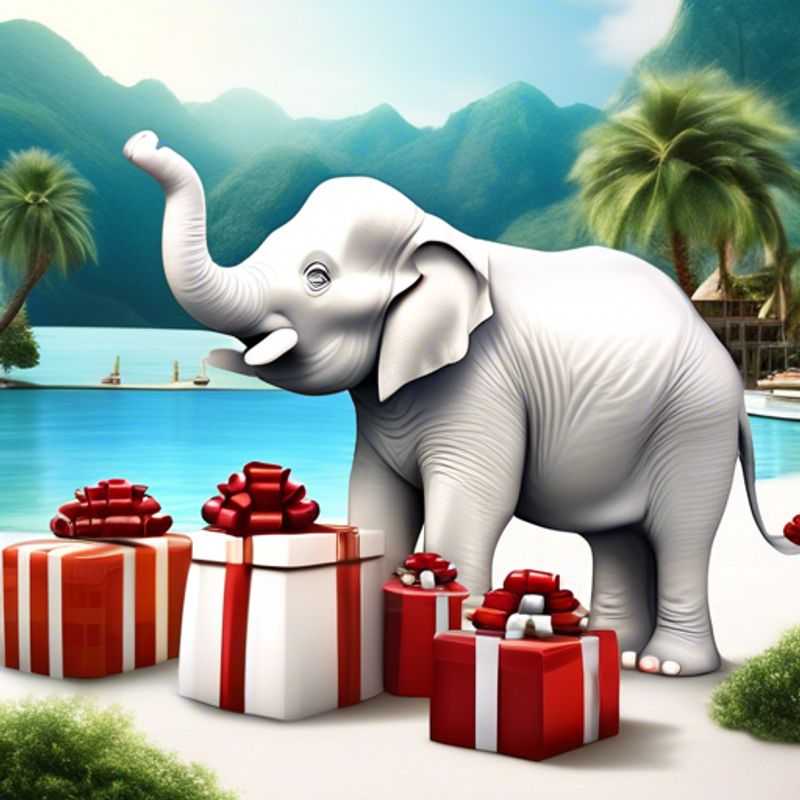 A table filled with colorful, wrapped White Elephant gifts, each with a $1 price tag.